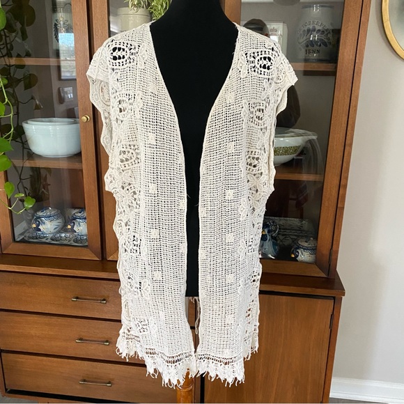 Evelyn K for Anthropologie Cream Crochet Kimono Cover Up - Picture 1 of 7